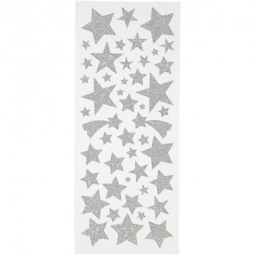 Glitter nalepke (z bleščicami) 10x24 cm, samolepilne, zvezde srebrne, 1 pola (110 kos)