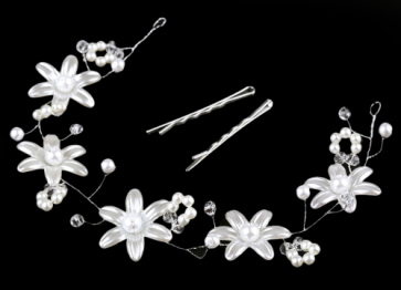 okrasna sponka za lase, cvetovi, srebrna-kovinske b., 32 cm, 1 komplet (3 kosi)