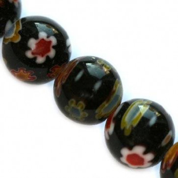 millefiori perle okrogle 8 mm, črne, 1 niz-38 cm