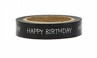 Washi tape - dekorativni lepilni trak - črn z napisom "Happy Birthday", širina: 1 cm, dolžina: 10 m, 1 kos