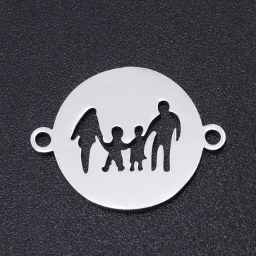 obesek/vmesnik za nakit, ploščat krog z družino, 14.5x19x1 mm, nerjaveče jeklo, 1 kos