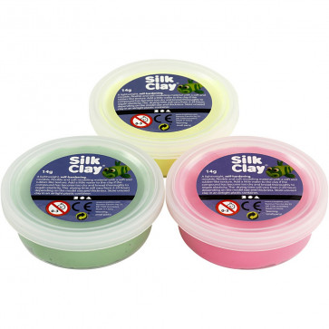Silk Clay modelirna masa - na zraku sušeča, barve (kot na sliki): zelena, rumena in pink, 3x14 g