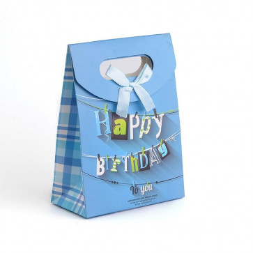 vrečka iz kartona 16.5x12.5 cm, modra - Happy Birthday, 1 kos