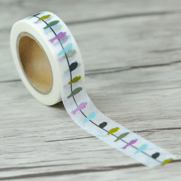 Washi tape - dekorativni lepilni trak - ptice, širina: 15 mm, dolžina: 10 m, 1 kos