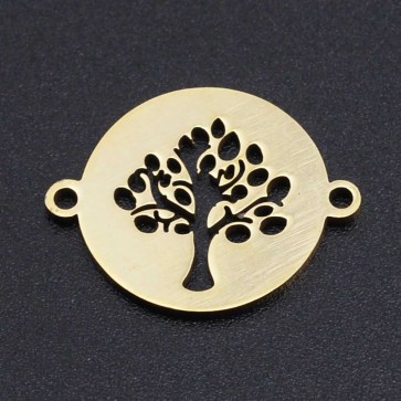 obesek/vmesnik za nakit, oblika drevo življenja, 19x15x1 mm, nerjaveče jeklo, zlate barve, 1 kos