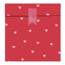 papirnata vrečka, 13x14 cm, rdeče b. s srčki, 1 kos (vrečka in nalepka)