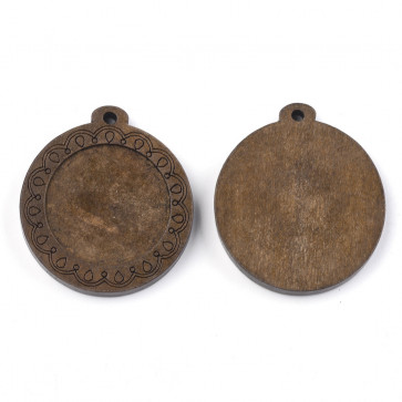 osnova za obesek, medaljon, les, okrogla, rjave b., 39x35x5 mm, velikost kapljice: 25 mm, 1 kos