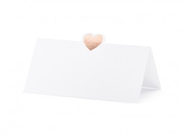 kartica za sedežni red iz biserno belega papirja in metalik rose gold srcem, 10x5 cm, 1 kos