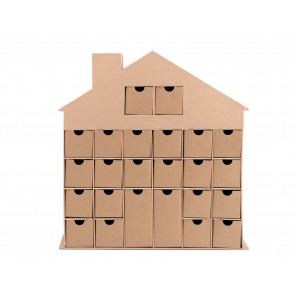 Hiška iz kartona s predalčki / adventni koledar, velikosti 36 x 40 x 6 cm, rjave barve, 1 kos