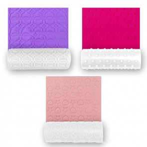 Teksturni roler za modelirno maso, v kompletu trije vzorci, velikost 10x3.5 cm, bele barve