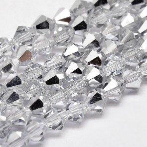 steklene perle - bikoni 4x4 mm, luknja 0,5mm, platinum b., 1 niz - cca 93 kos