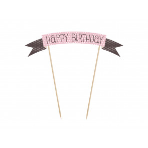 napis za torto (topper), roza s pikami "Happy Birthday", 16,5x19 cm, 1 kos