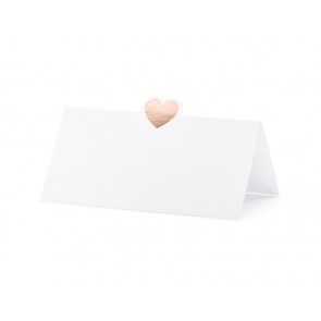 kartica za sedežni red iz biserno belega papirja in metalik rose gold srcem, 10x5 cm, 1 kos